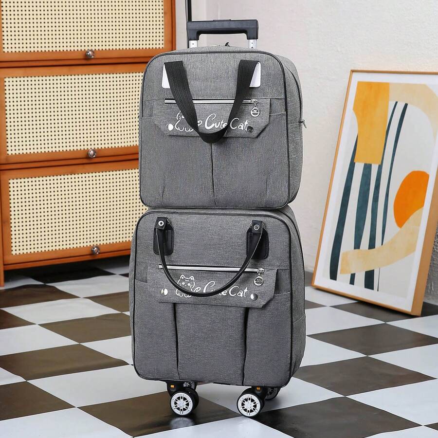 2pcs/Set 20" Underseat Carry On Luggage Oxford Expandable Softside Upright Luggage Set With 4 Spinner Wheels Rolling Travel Bags For Men Women - Grey - View 1