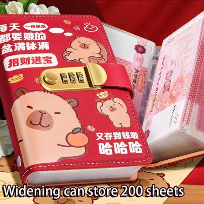 1pc Capybara Design Password Lock Cash Wallet, Large Capacity Banknote Storage Album, Suitable For Collecting 10,000 RMB Bills And Cash