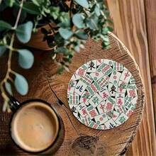 6pcs Mahjong Themed Wooden Coasters - 3.94 Inch Round, Red And Black Design With Chinese Characters And Flowers, Ideal For Hot And Cold Drinks, Perfect Coffee Table Decor And Home Gifts, Coasters | Vibrant Coaster Design, Choose 1 Set Or 31 Sets - Multicolor - View 5