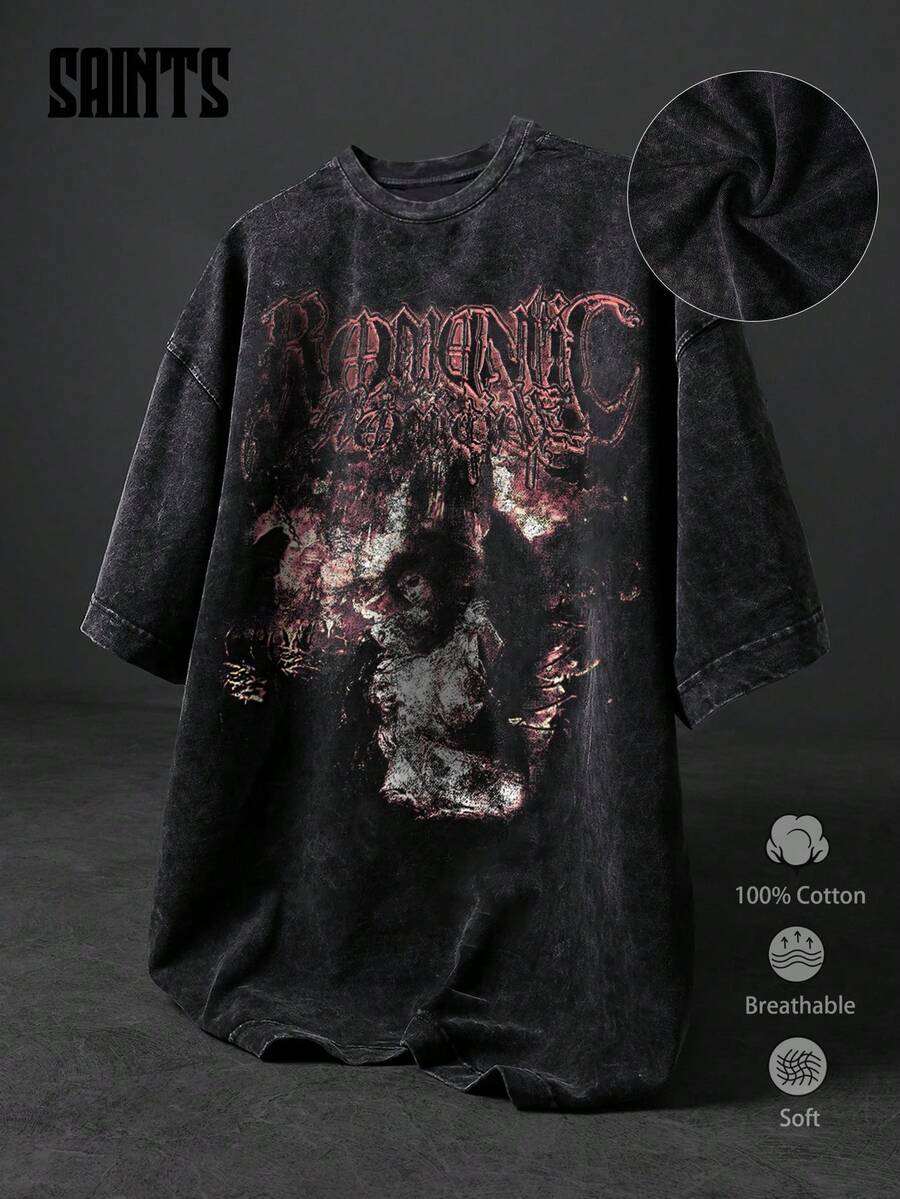 Áo thun Gothic nam mùa hè phong cách đường phố Mỹ cổ điển dáng rộng tay ngắn - màu đen - Xem 1