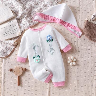 Autumn/Winter Baby Girls' Round Neck Patchwork Embroidered Letter Long Sleeve Romper