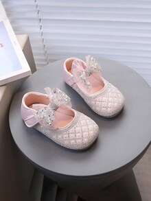 "Kids Princess Flats Shoes – Sparkle Rhinestone & Bow Design, Soft Sole For Toddler Girls, Perfect For Parties/Weddings - Pink - View 4