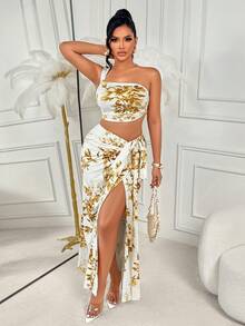 AIJ Amarilo 女士新款春夏性感沙滩度假两件套——流行印花套装，前系带上衣和开衩裙设计，非常适合海滩、度假、夏季假期、约会和日常外出。 - 白底黃花 - 查看 6