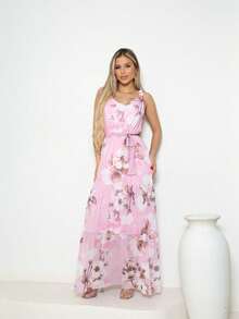 Vestido longo REGATA de tule estampado floral sem bojo todo forrado ate joehlo festa casual - Rosa - Visão 3