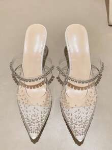 Moda de verano con taladros puntiagudos abrochados cuadrados tacones altos estilo hada transparente con zapatillas de talón fino, Zapatos de tacón de mujer - Blanco - Ver 4