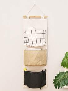 1pc Linen 3-Pocket Hanging Storage Bag, 3 Printed Styles Available, Hanging On Door To Store Small Items Like Pens, Clips, Fashionable & Minimalist Design, Foldable Storage Hanging Bag - Multicolor - View 3