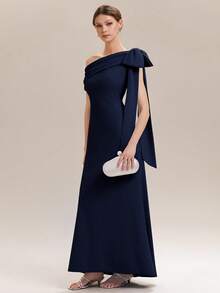 EVERPRETTY Đầm dài màu xanh navy thanh lịch, không tay, cổ lệch, được trang trí bằng nơ, phù hợp cho phụ nữ tham dự nhiều dịp trọng đại, tiệc trang trọng, đám cưới, tiệc mùa xuân, dạ hội tốt nghiệp, tiệc cưới bán trang trọng. - Màu xanh hải quân - Xem 4