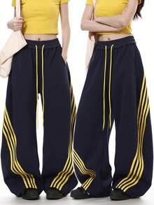 Women's Y2K Baggy Striped Sweatpants, High Waisted Wide Leg Casual Pants, Joggers With Drawstring Waist And Cuffs - màu đen - Xem 1