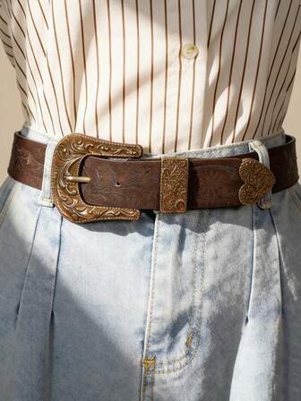 Vintage präglat metallspännesbälte för kvinnor, slitet brunt präglad dekor, mångsidigt för denimskjortor, klänningar, bohemiskt blommönster PU-läder