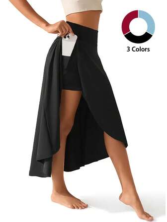 女士二合一高腰开衩运动裙，带内置短裤口袋，轻盈弹力，适合运动穿着 - 休闲纯色运动裙，女士运动服