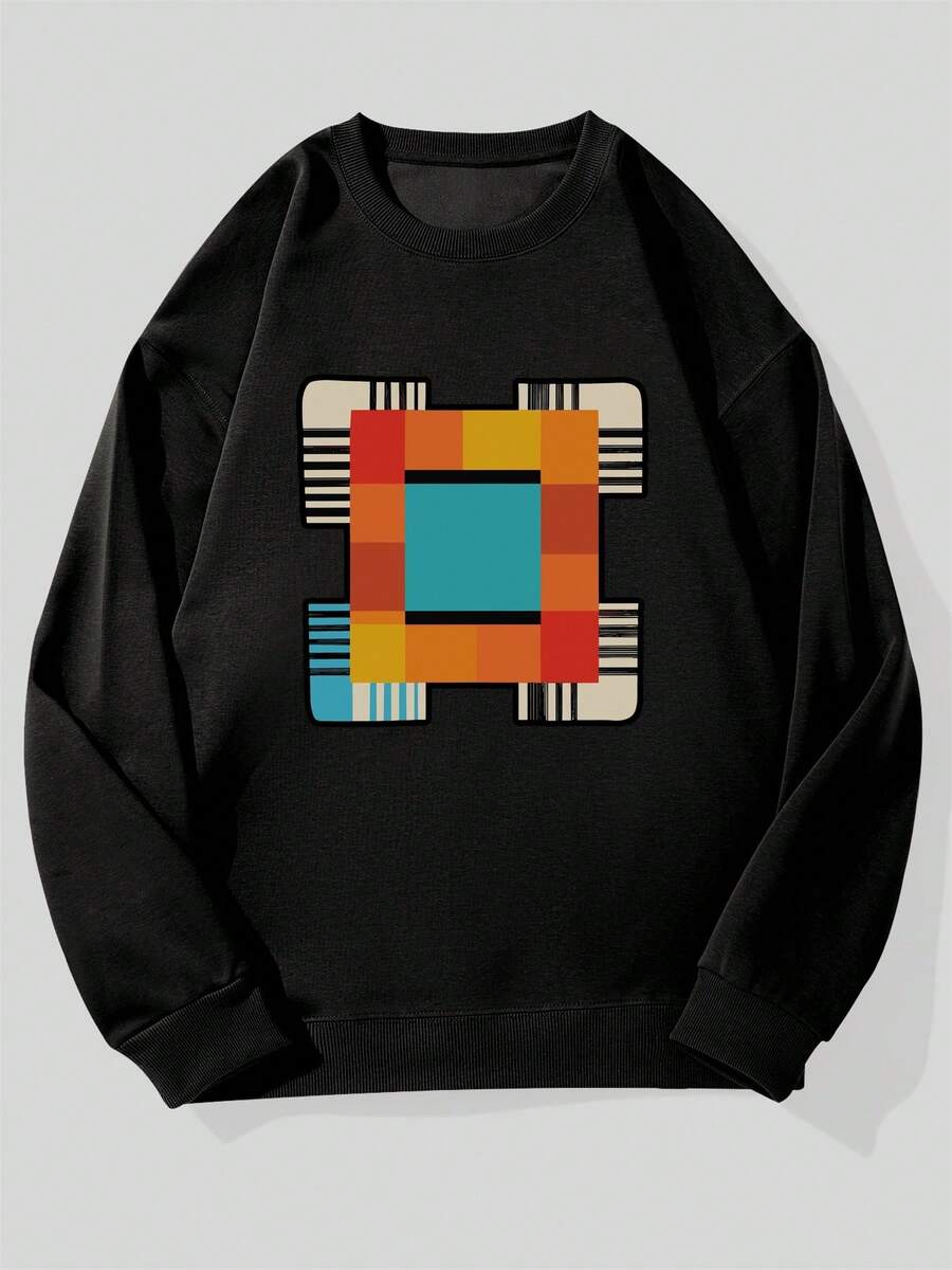 Sudadera Casual de Cuello Redondo con Patrón Geométrico para Hombre - Negro - Ver 1