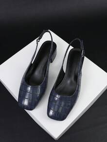 时尚舒适的石纹粗跟鞋，简约小方跟，百搭优雅 - 藍色 - 查看 5