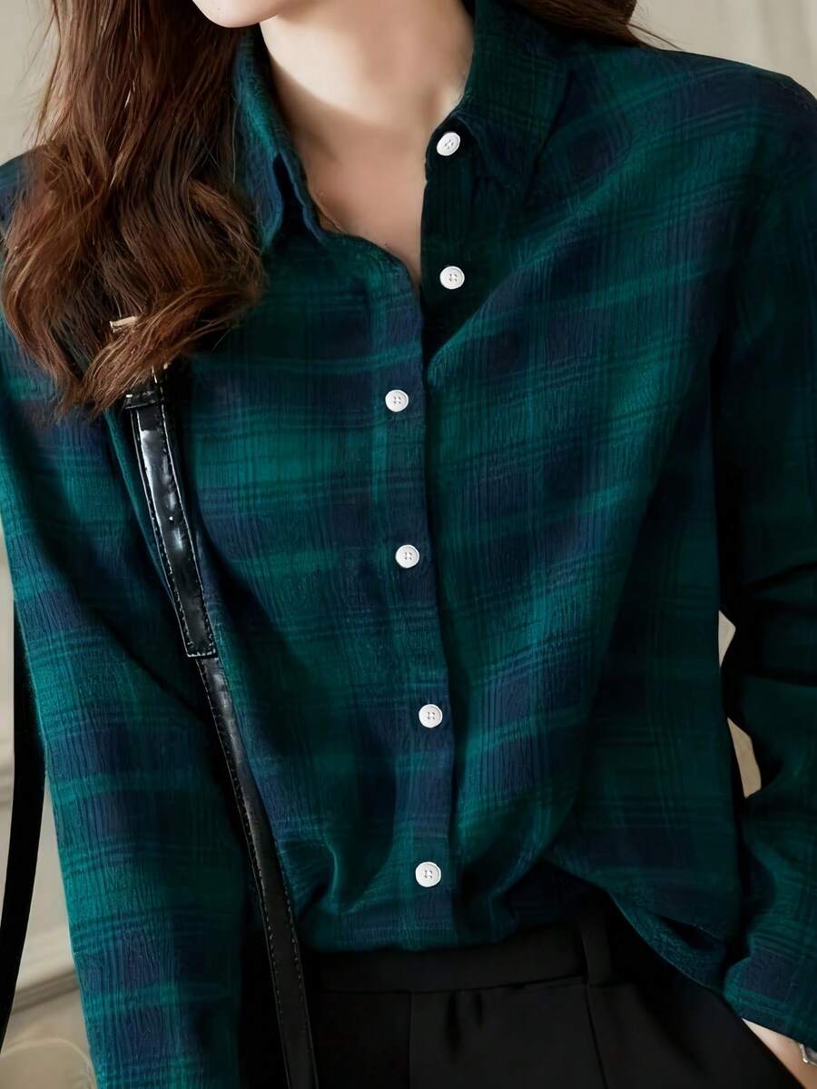 1 Áo sơ mi kẻ caro bằng polyester cài nút phía trước dành cho nữ, thích hợp cho các buổi hẹn hò, ngày lễ, mặc hàng ngày, mùa xuân/hè/thu - Màu xanh lá cây đậm - Xem 1