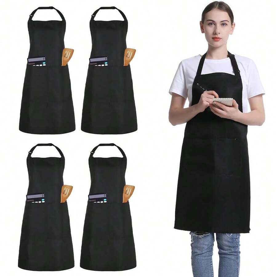 4 Pack Chef Apron, Adjustable Apron With 2 Pockets, Unisex Personalised Apron For CooFKing, Kitchen, Restaurant,Black - Black - View 1