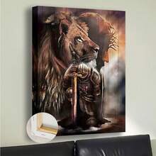 1pc Lion Of Judah & Knight Framed Canvas Wall Art – Majestic Lion With Sword And Shield, Wooden Frame, Dramatic Sky Background, Perfect For Home, Office, Bar, Or Bedroom Decor, Lion Wall Decor - Nhiều màu - Xem 2