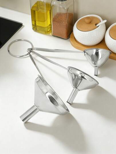3pcs Stainless Steel Funnel Set, Small/Medium/Large Sizes, Small Funnel Suitable For Transferring Oils And Liquids, Kitchen Bottle Filling And Cooking, Comes With 2 Cleaning Brushes