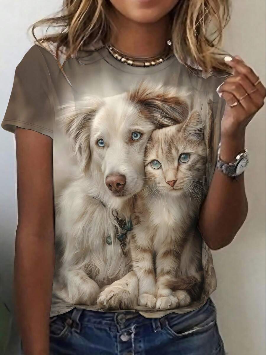 Women's Cute 3D & Dog Print T-Shirt - Short Sleeve Round Neck Top With Adorable Pet Lover Design, Cozy Casual Wear Suitable For All-Season Outfits & Everyday Outfits (Machine Washable) - Nhiều màu - Xem 1