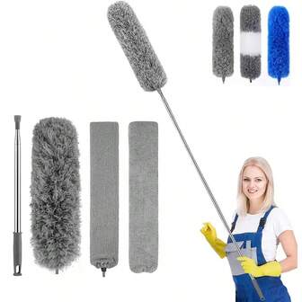 4pcs Retractable Feather Duster With Stainless Steel Frame & Microfiber Heads - Heavy-Duty Telescopic Pole (33-112") For High Ceilings, Blinds, Furniture, Car Interior Cleaning - Bendable, Washable, Reusable Window/ Ceiling