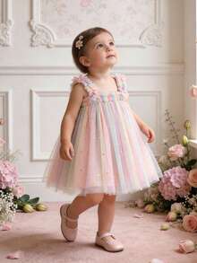 Baby Girls' Elegant Cute Sleeveless Strap Gradient Color Star Moon Applique Pink Comfortable Dress, Birthday Party, Baby Clothes, Christmas - Pink - View 5