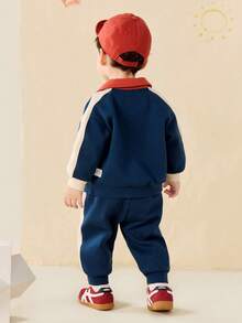 mini bala Kids Long Sleeve Outfit Set, Casual Soft Two Pieces School Style Set - Dark Blue - View 5