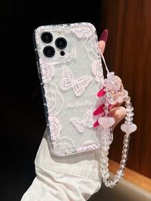 1pc Butterfly Pattern Transparent Shockproof Phone Case Compatible With Apple 17/16 Pro Max, 11/12/13/14/15 Plus, XR/7/8 Plus, TPU With Butterfly Lanyard, Suitable As Valentine's Day Gift