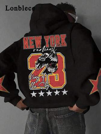 Lonblece Men's Hooded Sweatshirt, Black Retro Print, Suitable For Casual Wear In Autumn And Winter