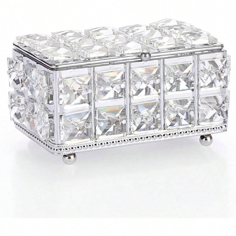 Crystal Jewelry Box Rectangle Trinket Organizer With Lid Earrings Rings Vintage Treasure Keepsake Box For Valentine Wedding Dresser Bedroom Decoration Silver - Silver - View 1