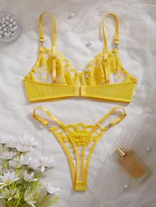 2 piezas Conjunto de sujetador con aros semi-transparente y soñador, conjunto de lencería romántica con bordado floral, malla, diseño seductor, tirantes ajustables, bragas transparentes, regalo íntimo para el Día de San Valentín - Amarillo - Ver 3
