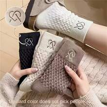 6双女士保暖冬季袜 - 中筒罗纹设计，美拉德压纹日式扭纹女士百搭保暖绒袜