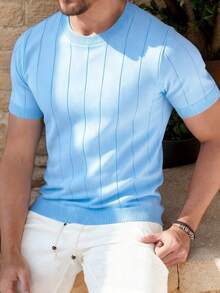GRDR Suéter de punto de cuello redondo de manga corta acanalado para hombre de verano - Celeste - Ver 2