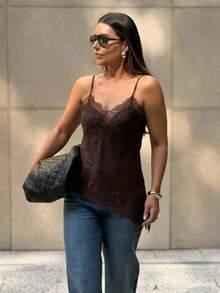 MUMRAP Áo hai dây nữ màu trơn phối ren bất đối xứng, kiểu dáng thanh lịch, rộng rãi, hở lưng, không tay, thích hợp mặc mùa hè. - Cà phê nâu - Xem 2