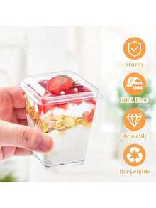 20/10/5 Pcs Set Minimalist Transparent Square 5oz Dessert Bowls With Lids, Durable Material, Easy To Clean, Suitable For Girls' Party/Holiday Dessert Table, Dorm Snacks, Outdoor Camping, Large Capacity, Special Cups For Snacks And Pudding, Ideal For Valentine's Day, Mother's Day, Graduation Gifts - Multicolor - View 7