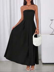 Cocktail Dresses For Women Summer Formal Elegant Tube Top Strapless Spring Wedding Guest Party Midi Dress - 黑色 - 查看 2