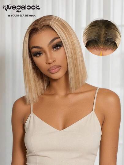 MEGALOOK 金色渐变挑染柔顺直发波波头假发，100%真人发丝 - 预剪裁6x5蕾丝，易于佩戴，预先拔毛，隐形打结，无需胶水，短款波波头真人发蕾丝闭合假发，透明蕾丝透气帽，12英寸 - 无需胶水，新手友好，自然逼真，日常佩戴