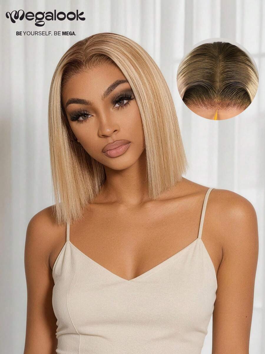 MEGALOOK 金色渐变挑染柔顺直发波波头假发，100%真人发丝 - 预剪裁6x5蕾丝，易于佩戴，预先拔毛，隐形打结，无需胶水，短款波波头真人发蕾丝闭合假发，透明蕾丝透气帽，12英寸 - 无需胶水，新手友好，自然逼真，日常佩戴 - S4/613 - 查看 1