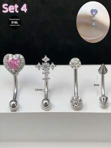 4pcs/Set Y2k Pink 16g Eyebrow Ring Cross Heart Flower Butterfly Curved Barbell Cartilage Tragus Eyebrow Piercing Jewelry Bat Faux Pearl Eye Labret Lip Jewelry Moon Devil Daith Tragus Rook Helix Earring Navel Small Belly Button Ring Eyebrow Lip Studs For Women Men Daily Party Wear - Pink - View 7