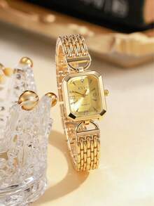 1 件女士时尚小巧条形指针小表盘方形钢带复古石英表，适合日常佩戴、生日、母亲节、复活节礼物