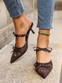 Women's Mesh Closed Toe Sandals, New Summer Hollow Pointed Toe Chunky Heel High Heels With Bowknot Strap, Elegant Slip-On Shoes