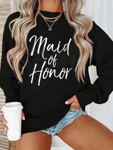 Casual Crew Neck Sweatshirt With Letter Pattern S154654 - Black - View 1