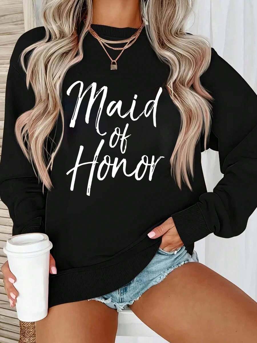 Casual Crew Neck Sweatshirt With Letter Pattern S154654 - Black - View 1