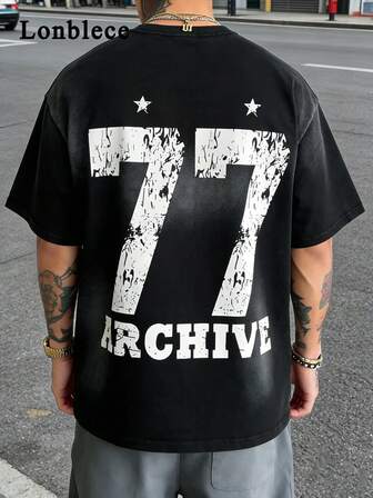 Lonblece Lässiges Herren-T-Shirt mit Rennnummern-Grafik im Streetwear-Stil