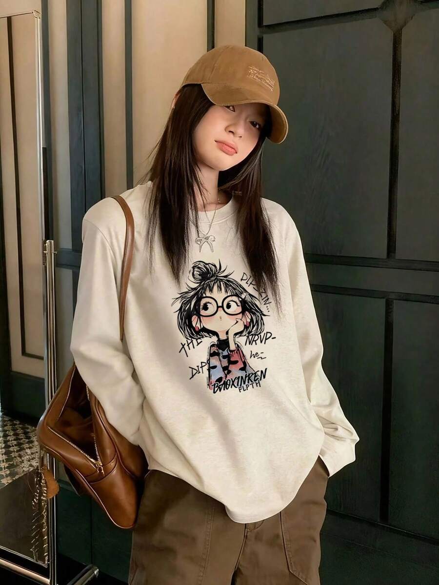 女士宽松长袖T恤，卡通女孩字母印花，适合春秋季休闲穿着。 - 淺花灰 - 查看 1