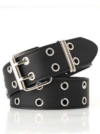 1 Pc Male And Female Couple Universal Double-Hole Air Hole Pin Buckle Belt, Punk Style Belt, Male And Female Hip-Hop Decorative PU Belt,Belts For Jeans Dresses Pants Ladies Leather Waist Belt With Metal Buckle