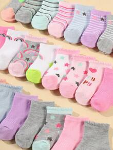 10 Pairs Baby Candy Color Random Star, Stripe, Heart, Rainbow, Bubble Pattern Soft Comfortable Elastic Mid-Calf Socks, Spring/Autumn - Multicolor - View 4