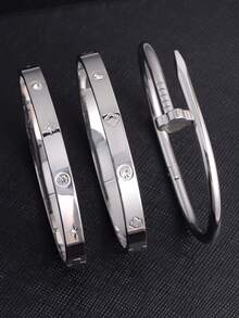 3pcs Zirconia Stainless Steel Women's Fashion Bracelet Set, 18K Gold Plated Stainless Steel Lucky Four-Leaf Clover Bracelet For Women, Suitable For Daily Wear, Gift For Girlfriend, Wife, Lover, Daughter, Female Friends - Silver - View 16