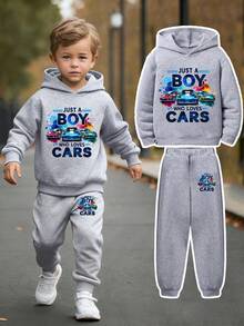 Youth Boy Letter Graphic Print Warm Hoodie And Sweatpants Set