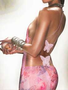 Spaghetti Strap Backless Fitted Floral Print Dress - Pink - View 7
