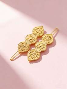 1 Pair Small Size Engraved Golden Metal Hair Clips, Suitable For Middle Eastern Ramadan, Daily, Festival, Wedding, Party Wear, Jewelry Hair Accessories, New Year Gift - Yellow - View 2