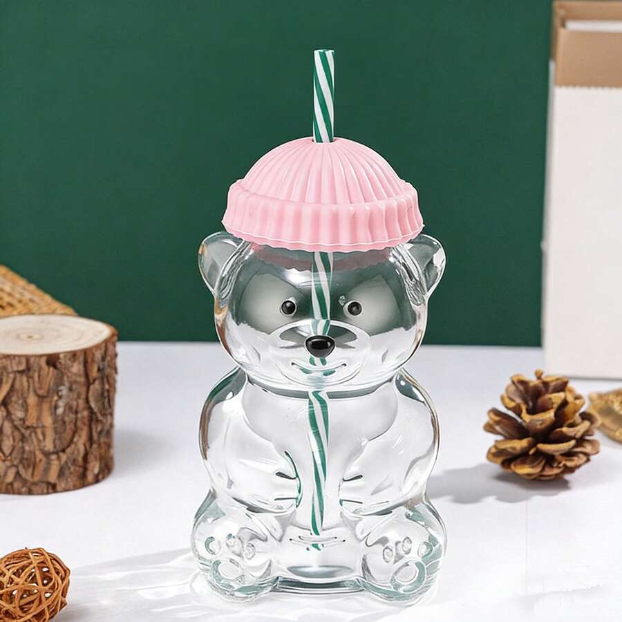 Mini Bear-Shaped Glass With Green Cap And Straw - Cute Transparent Bear Bottle, Adorable Bear-Shaped Container, Suitable For Juices, Smoothies, And Teas - Ideal Beverage Container And Gift For The Office And Parties (Hand Wash Only) - Bear Design