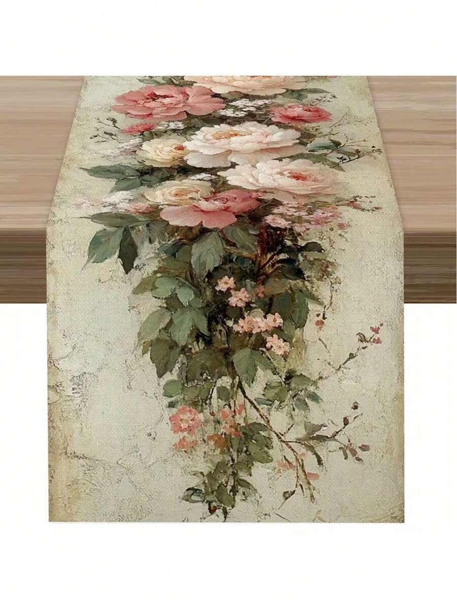 1pc Elegant Pink Rose Table Runner - Vintage French Style, Polyester Fabric, Long Floral Print, Vibrant Flower Pattern, Ideal For Home Decor And Party Decoration, Floral Ornament - Green - View 1